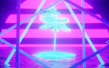 Free Stock Video Retro S Vhs Style Triangles Spin Over Neon Palm Tree