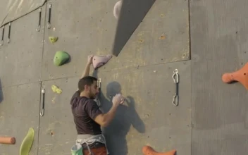 Free Video Stock Skillfully Climbing To The Top Of A Large Mountaineering Wall