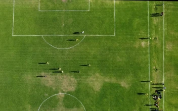 Free Video Stock Soccer Match On A Grass Court From Above