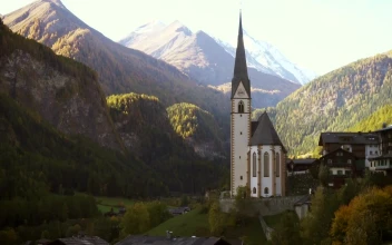 Free Video Stock the church tower and mountain landscape