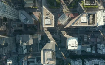 Free Video Stock top aerial static shot of downtown los angeles