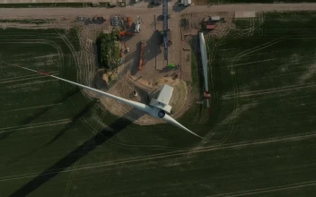 Stock Footage Wind Turbine Under Repair Aerial View
