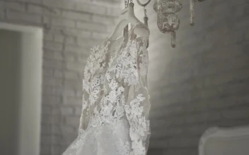 Stock Footage Wedding Dress Hanging On A Chandelier