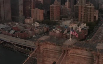 Stock Footage Waving Usa Flag At The Top Of The Brooklyn Bridge