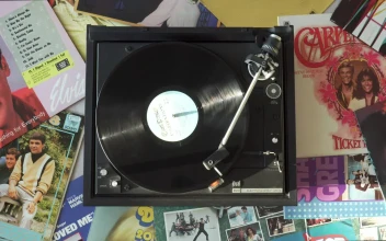 Stock Footage Vintage Turntable Surrounded By Many Albums