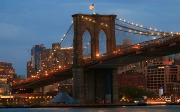 Stock Footage Usa Flag Above The Brooklyn Bridge
