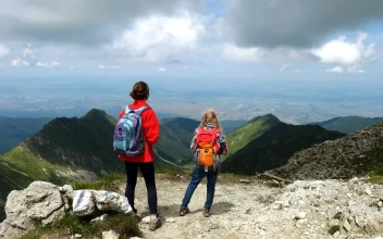 Stock Footage Two Girls Enjoying The View In The Mountain