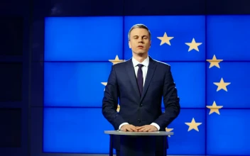 Stock Footage Tv News Presenter With Europe Flag Behind