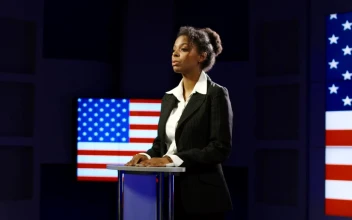 Stock Footage Woman Giving A Speech With Flag In The Background Free