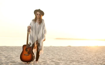 Stock Footage Young Hipster Woman On Beach With Acoustic Guitar Free