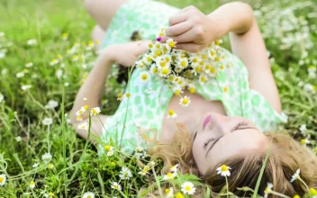 Stock Footage Woman Lying On The Meadow With A Bouquet Of Small Free