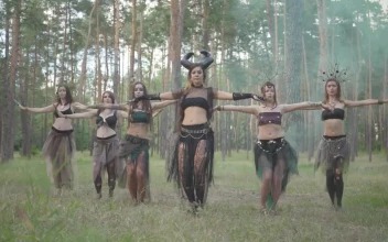 Stock Footage Women In Gothic Costumes Perform Dance In Forest Free
