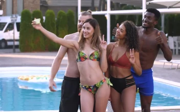 Stock Footage Young Friends Taking A Photo By The Pool Free