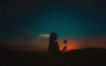 Moon, Clouds, Stars, Girl, Flower, Night,