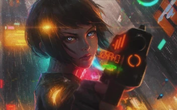 cyberpunk girl with gun and motorcycle