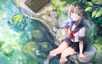 Anime Anime School Girl Drinking Water Relaxing By The River