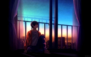Anime Lonely Anime Boy Sitting On Balcony