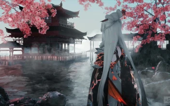 Anime Ningguang Sakura Temple Genshin Impact