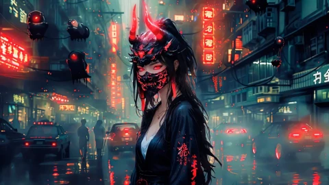Cyberpunk Oni Mask Babe Live Wallpaper - Free Live Wallpaper