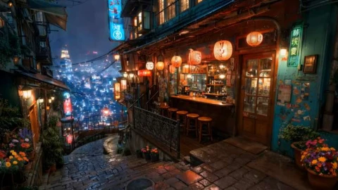 Rainy Lantern Street Bar Live Wallpaper - Free Live Wallpaper