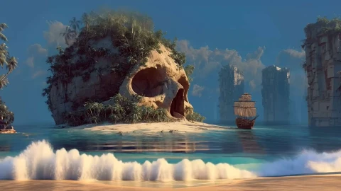 Skull Island Pirate Ship - Tropical Beach Fantasy Live Wallpaper - Free Live Wallpaper