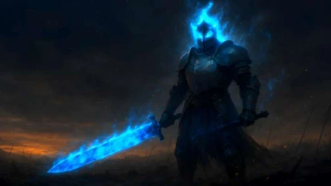 Knight with Blue Fire Sword Live Wallpaper - Free Live Wallpaper