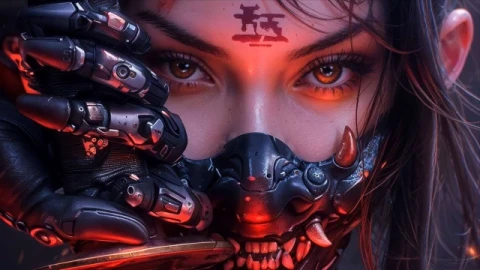 Cyber Oni Mask Girl Close-Up Live Wallpaper - Free Live Wallpaper