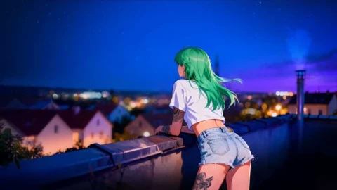 Green Hair Anime Girl City Night 4K Live Wallpaper - Free Live Wallpaper