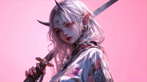 Pink Aesthetic Oni Samurai Girl - White Hair Katana Live Wallpaper - Free Live Wallpaper