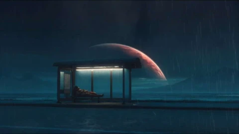 Sci-Fi Astronaut at Rainy Bus Stop - Lo-Fi Live Wallpaper - Free Live Wallpaper