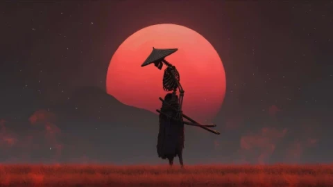 Skeleton Samurai & Red Moon - 4K Dark Fantasy Wallpaper - Free Live Wallpaper