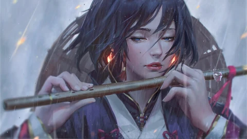 Girl With Flute In Rain Anime Live Wallpaper Free - Free Live Wallpaper