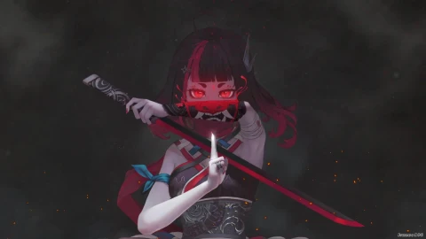 Samurai Girl and Oni Mask on Hand Live Wallpaper - Free Live Wallpaper