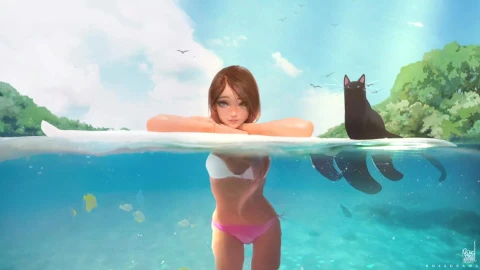 Surf Girl With Black Cat Live Wallpaper - Free Live Wallpaper
