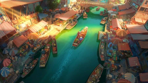 Anime River Market Boats Live Wallpaper - Free Live Wallpaper