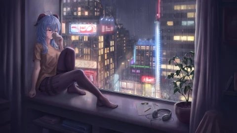 Anime Ganyu Girl And Rainy Night 4K Live Wallpaper - Free Live Wallpaper
