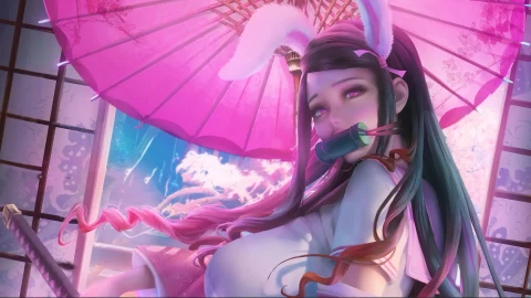Nezuko Kamado From Demon Slayer Anime Bunny Live Desktop - Free Live Wallpaper