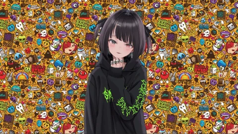 Cool Emo Anime Girl With Stickers By Hope麻匪 Desktop Live Wallpaper - Free Live Wallpaper