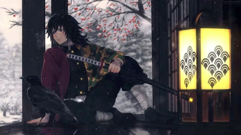 PC Animated Giyu Tomioka Snowing Live Wallpaper - Free Live Wallpaper