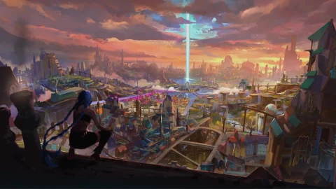 Fondo de Pantalla Animado Jinx observando Piltover de Arcane ☄️ en Movimiento - Free Live Wallpaper