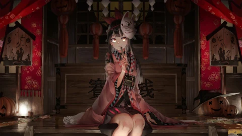 PC Desktop Anime Girl Wearing Fox Mask 4k Live Wallpaper - Free Live Wallpaper