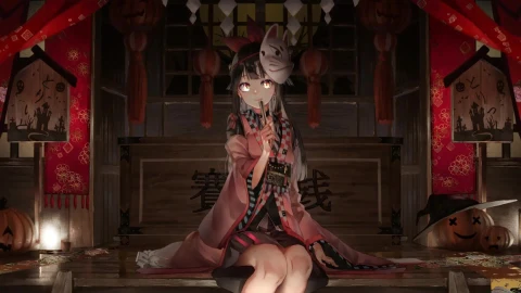 PC Desktop Anime Girl Wearing Fox Mask 1080p Live Wallpaper - Free Live Wallpaper