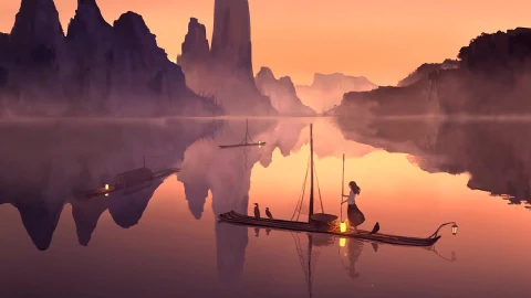 PC Desktop Jiangnan Water Town Fishing Boat Singing Evening 13 Live Wallpaper - Free Live Wallpaper