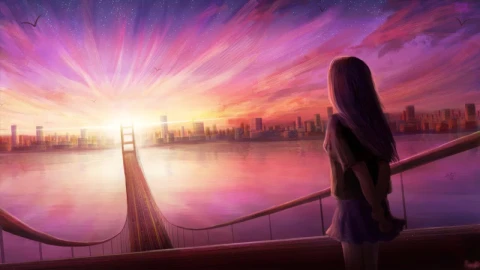 Anime Girl Watching The Sunset On The Bridge HD Live Wallpaper For PC - Free Live Wallpaper