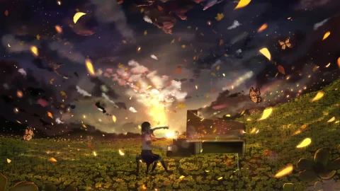 Anime Girl Playing Piano In Flower Field HD Live Wallpaper For PC - Free Live Wallpaper