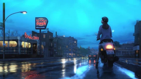 After The Rain Girl Looking At The Sky On A Motorcycle HD Live Wallpaper For PC - Free Live Wallpaper