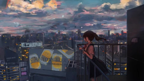Anime Girl Looking At The City On The Rooftop HD Live Wallpaper For PC - Free Live Wallpaper