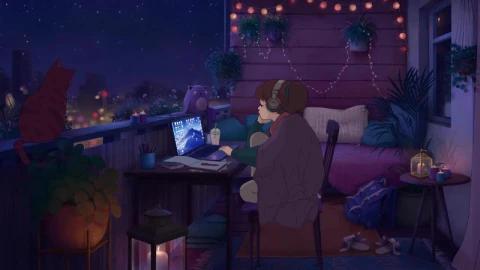 Lofi Girl Using Laptop In Balcony HD Live Wallpaper For PC - Free Live Wallpaper