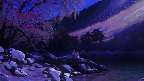 Shiba Inu Playing At The Riverside In The Night HD Live Wallpaper For PC - Free Live Wallpaper