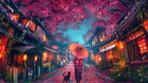 Anime Girl On Cherry Blossom Street HD Live Wallpaper For PC - Free Live Wallpaper
